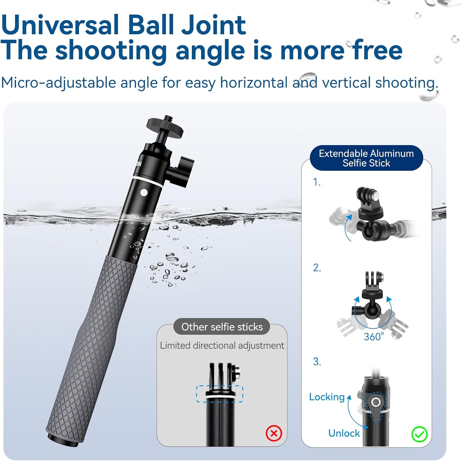 TELESIN Waterproof Selfie Stick, 25.75" Extension Stick Pole Monopod w Hand Strap for GoPro 13 12 11 10 Insta360 X5 X4 X3 Ace Pro DJI OSMO Nano 360 Action 6 5 4 Pocket 3 Underwater Diving Accessories