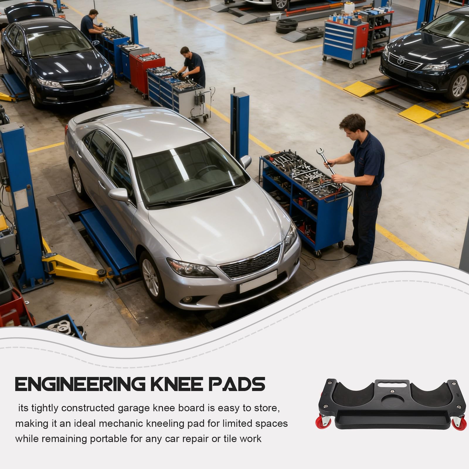 Cabilock Rodillera con Ruedas Giratorias para Taller y Reparación de Coches | Negro, Pe y Metal, Uso en Exteriores, Protección de Rodillas, Diseño Práctico