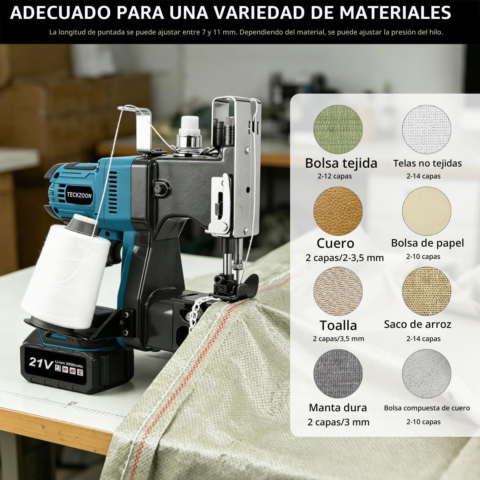 Máquina de Coser Bolsas Eléctrica, Máquina de Coser Portátil con 2 Baterías, Cosedora de Sacos Eléctrica para Bolsas de Tela, Yute y Papel Kraft, Longitud de Puntada: 7-11mm