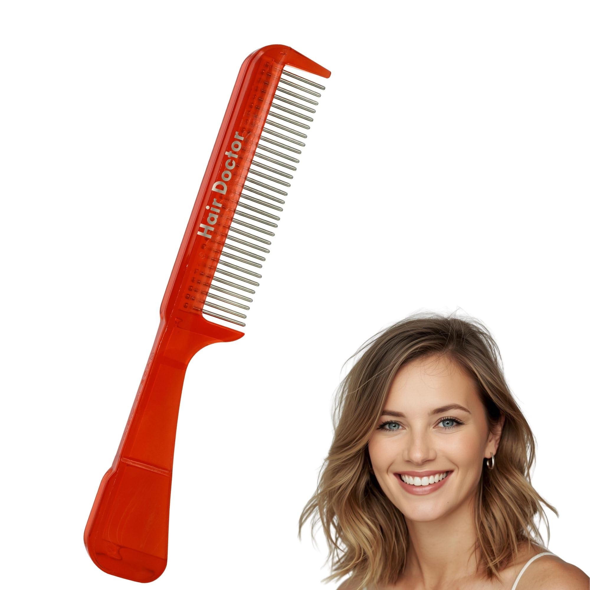 The Hair Doctor Handle Comb with Silky Smooth Rotating Teeth Reduces Breakage and Loss (30 Stainless Teeth, Red)