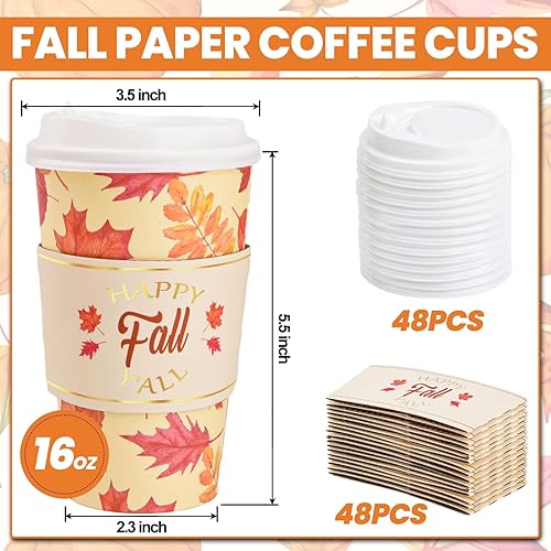 Miniatura 2 de Paquete de 48 tazas de café desechables de otoño de 16 onzas con tapas y fundas de hojas de arce para llevar, tazas de café de papel para cosecha,