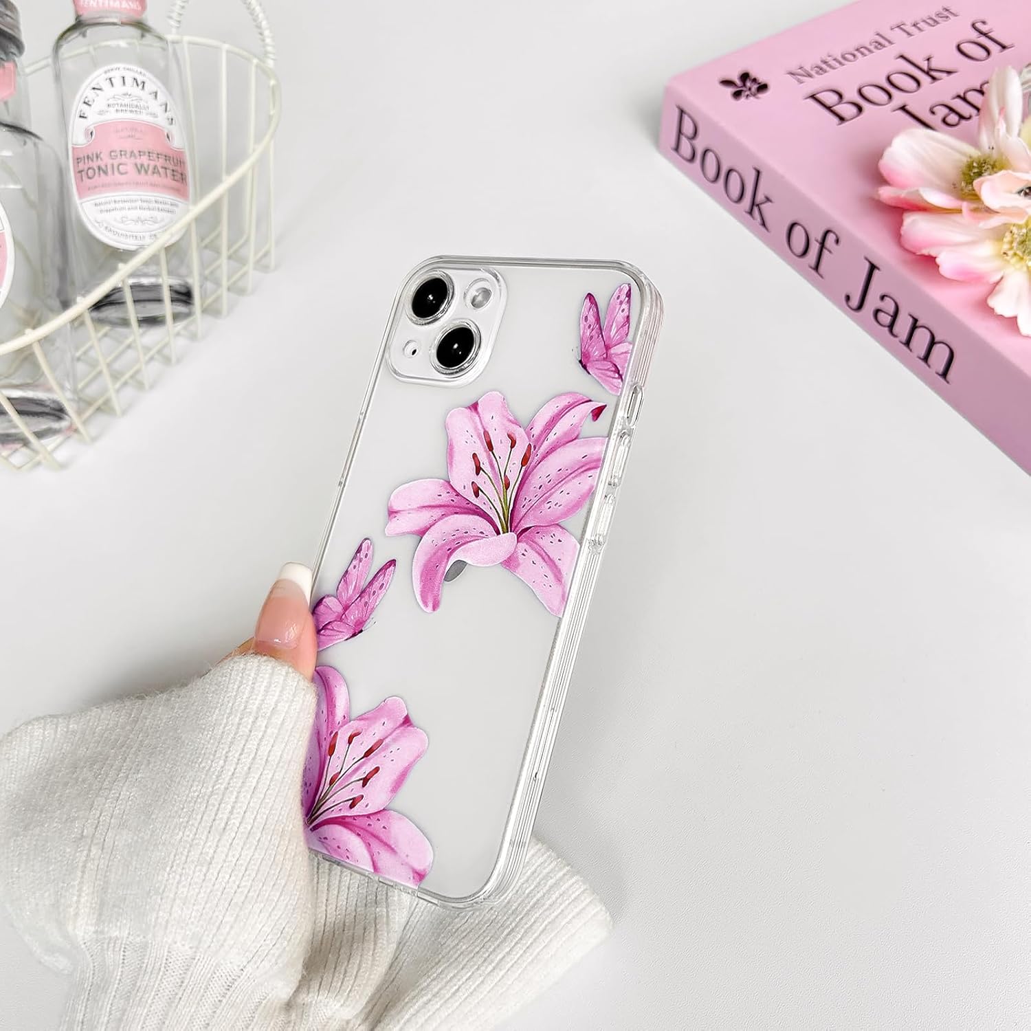 NITITOP Compatible with iPhone 14 Case Clear Cute Butterfly Lily Flower Floral Pattern for Women Girls Full Camera Lens Clear Slim Shockproof Protective Phone Cover - Rose Red - Image 7