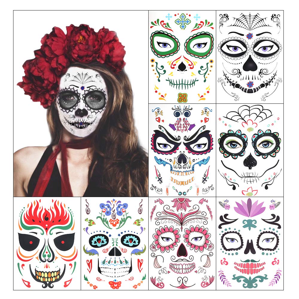 Day Of The Dead Face Tattoo Amazon.com : Halloween Temporary Face Tattoo, RUEOO Day of the Dead Sugar Skull Tattoo 8 Pack, Skeleton Face Tattoo Red Roses Kit for Women Men Kids, Masquerade and Halloween Party Favor Supplies :