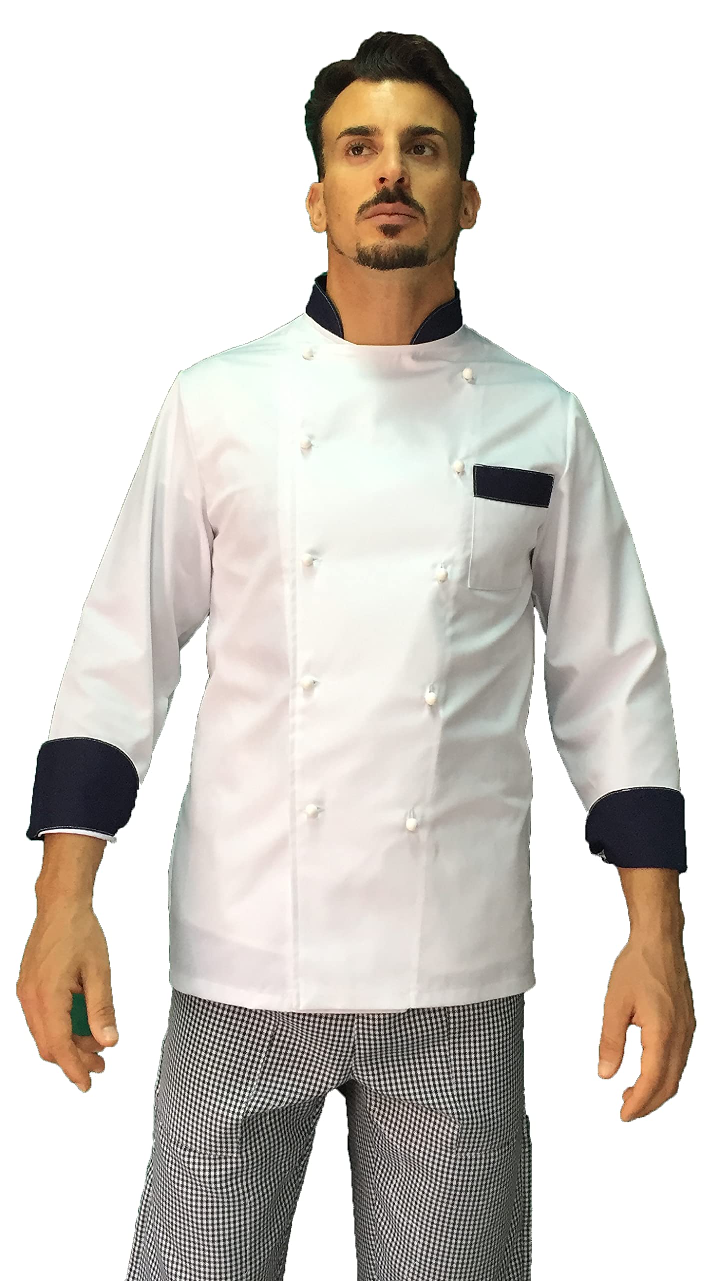 Chaqueta de cocinero para hombre – Blanco/Negro – Casaca Chef – Camiseta personalizable para cocina y restaurante – Fabricado en Italia