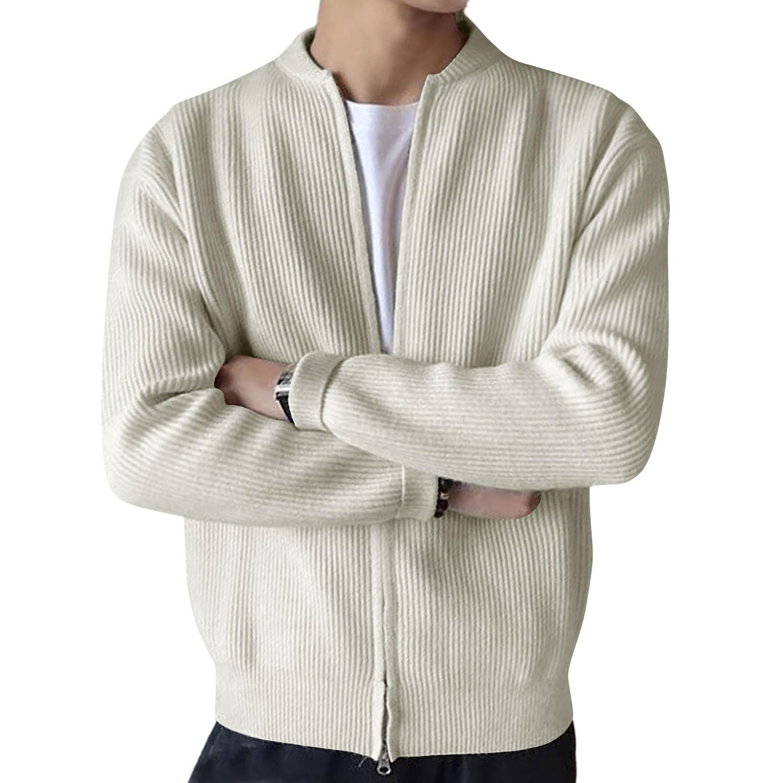 Bomberjacke Herren Strickjacke Herbst Übergangsjacke Vintage Geripptes Strickjacken Dünne Fleecejacke Lässige Streetwear Retro Herrenjacke Leichte Pilotenjacke Casual Einfarbige Arbeitsjacke