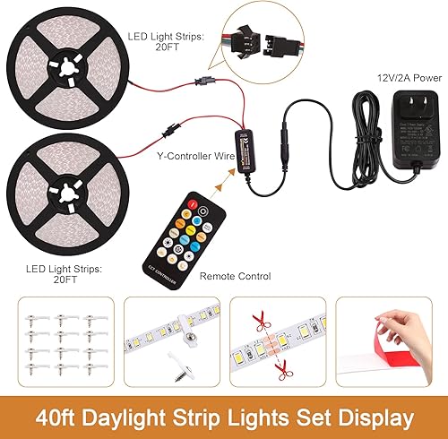 Miniatura 5 de Tira de luces LED de 40 pies, tira de luz LED blanca sintonizable de 2700 K-6500 K con control remoto y enchufe, 12 V 1440 LED regulable para