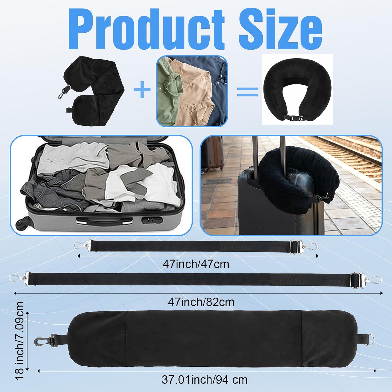 Storage Pillow for Travel Stuffable Neck Fillable Airplane Clothes Soft Plush Long Flight Support No Filler Sleeping Black Adjustable Packable Compressible