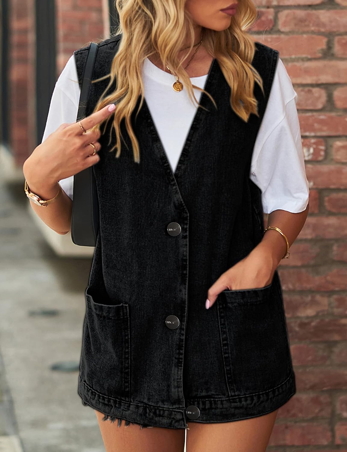 Denim Jean Vest for Women Oversized Lightweight Collarless Sleeveless Button Down Denim Waistcoat Jacket - Image 4