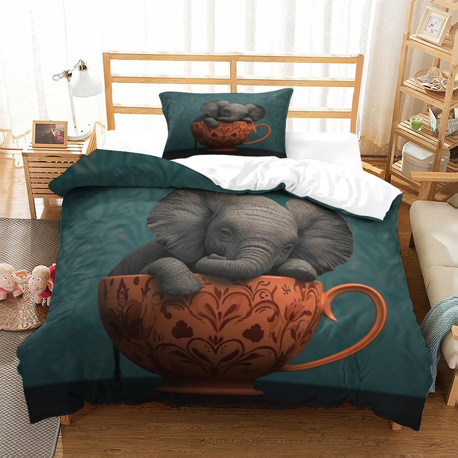 P1S9U7W5Y 3D Printed Cute Elephant Teacup Duvet Cover Set 3 Pieces Microfiber Bedding for Adults Teens Cartoon Elephant Bedroom Bedding Set Soft Breathable Single（135x200cm）