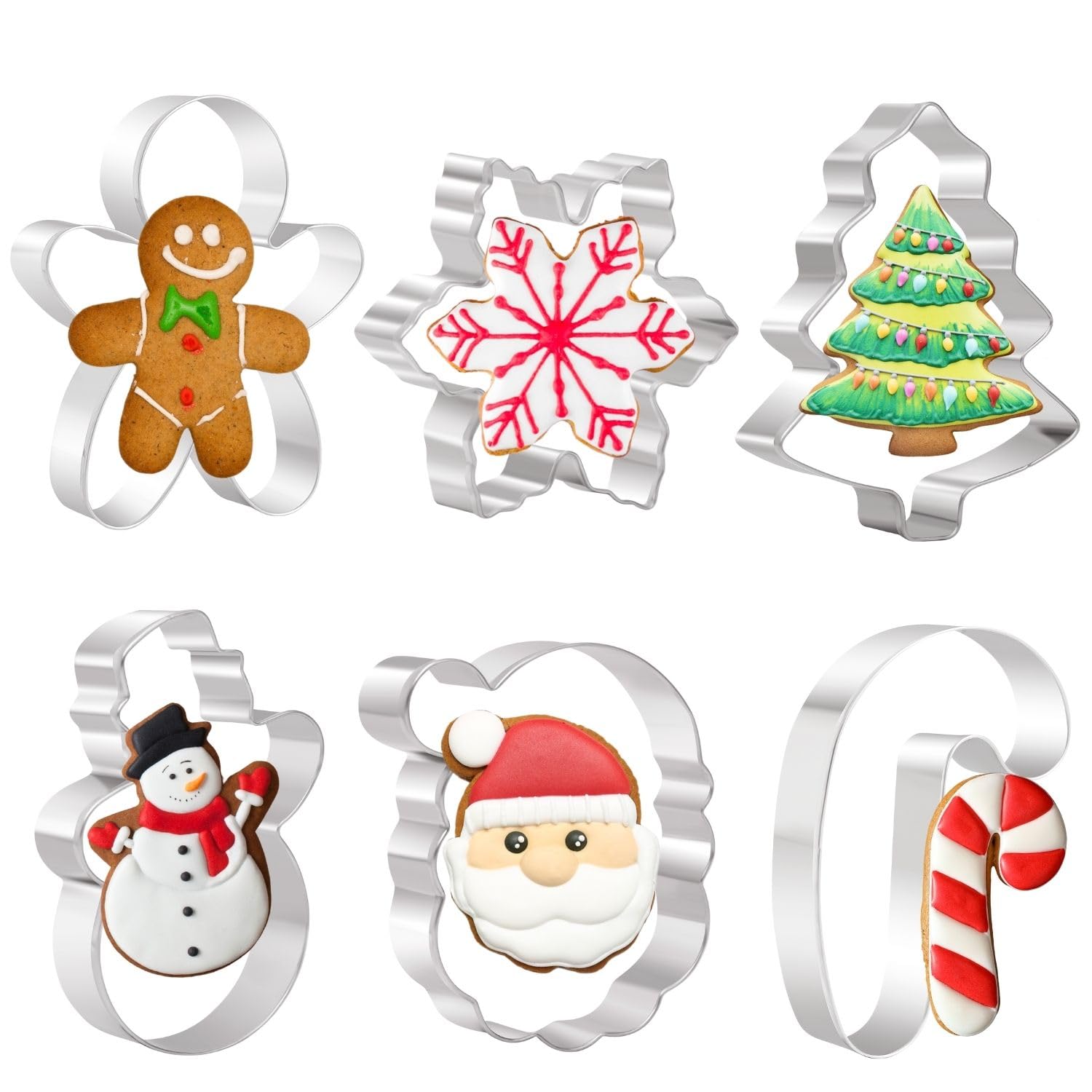 Large Size Christmas Cookie Cutters Set - Christmas Tree, Snowflake,Gingerbread Man, Snowman, Santa Head and Candy Cane - 6 Pieces Xmas Cookie Cutter Shapes for Baking(10cm)