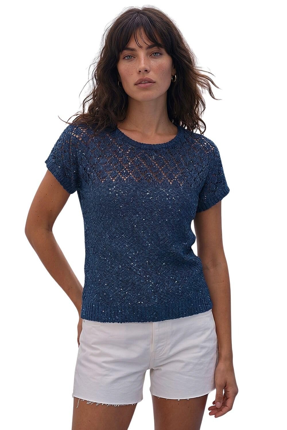 Roman Originals Women's Navy Crochet Mixed Knit Top For Uk - Everyday Holiday Spring Summer Round Neckline Comfy Soft Evening Vacation Work Party - Size 20