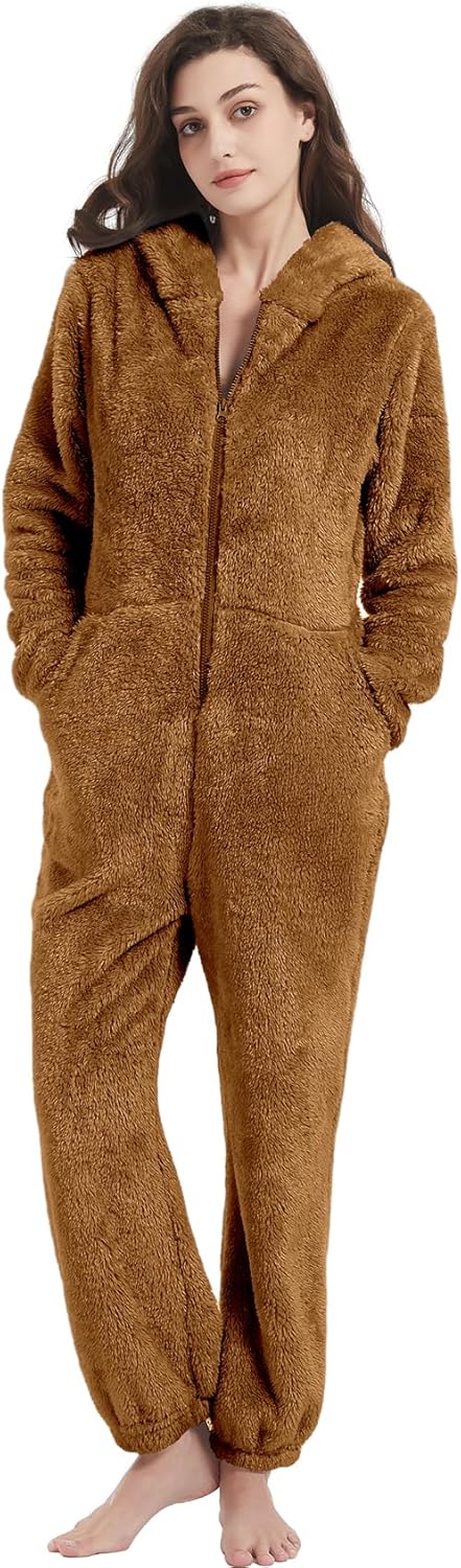 Kissonic Women's Onesies Pajamas Sherpa Fleece One Piece Romper Zipper Cute Hooded Jumpsuit Pajama Loungewear - Image 2