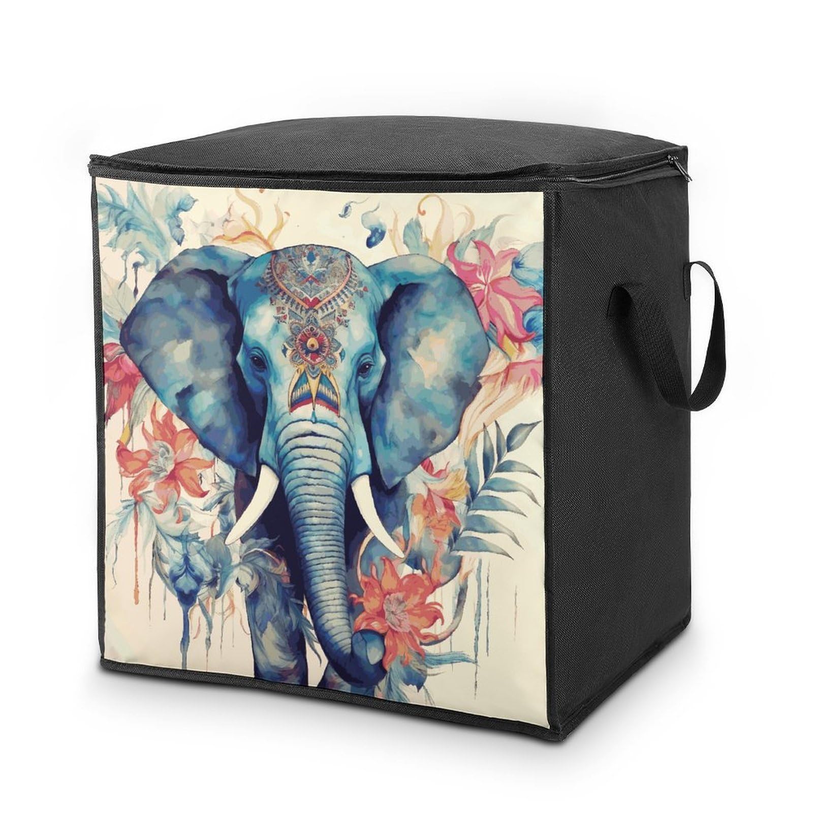Peacock Feathers Elephant Storage Bag with Zippers And Handle Extra Large Bedding Comforter Storage Bag Foldable Blanket Storage Bags Fabric Moving Bags for Closet Organizer (70L)