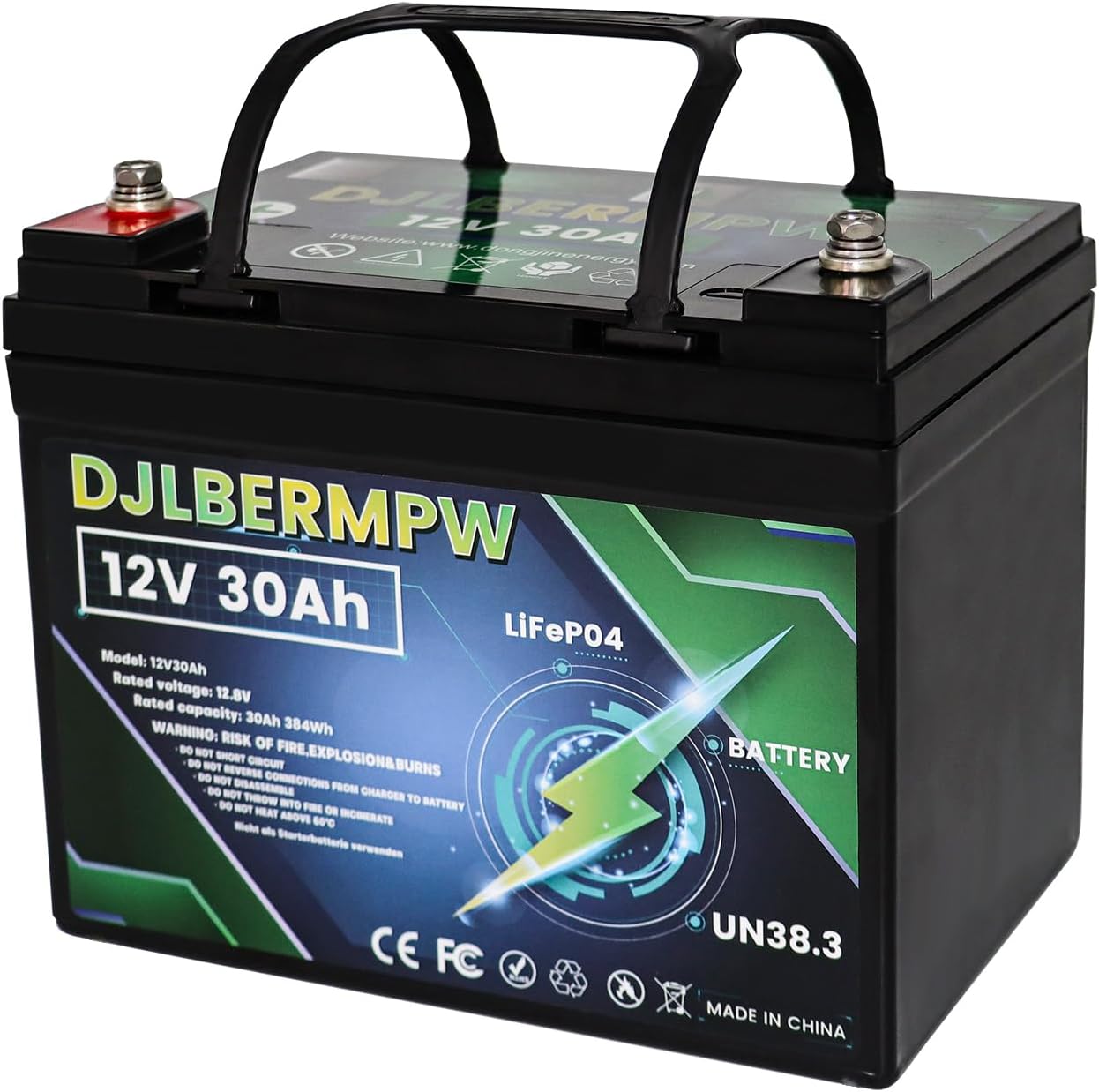 DJLBERMPW 12V 30Ah LiFePO4 Deep Cycle Lithium Battery with 30A BMS for Trolling Motor, Marine, Kids Scooters, Power Wheels, RV