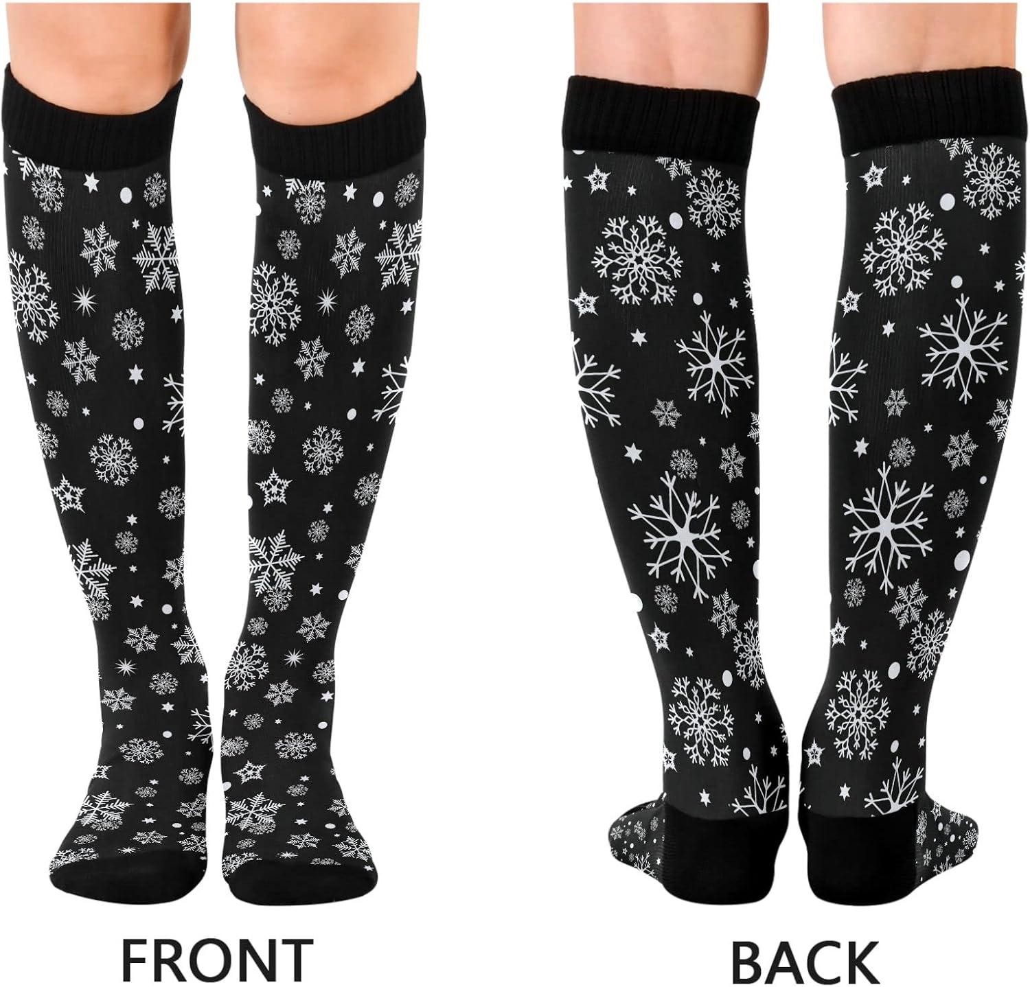 Kigai Knee High Socks Christmas Black Snowflake Compression Sock 1 Pair Casual Athletic Tube Socks for Soccer Women Men Medical Nurse Warm Stockings, 20-30mmHg - Image 2