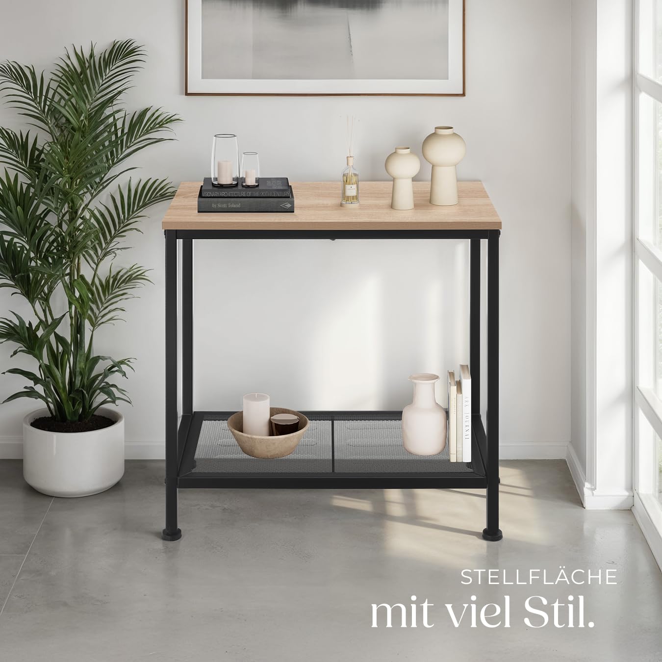 tectake® Beistelltisch Holz + Metall, Nachttisch schmal, Couchtisch mit Gitterablage, Konsolentisch, Tisch Wohnzimmer, Deko Schlafzimmer, Blumenständer - Industrial Holz hell, Eiche Sonoma