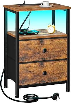 LOAKEKEL Bedside Table with Charging Station, Side Table with LED Light, Small Nightstand with 2 Fabric Drawers and Open Storage Shelf, Bedside Cabinet for Bedroom, Living Room Brown UHETS02BR-1