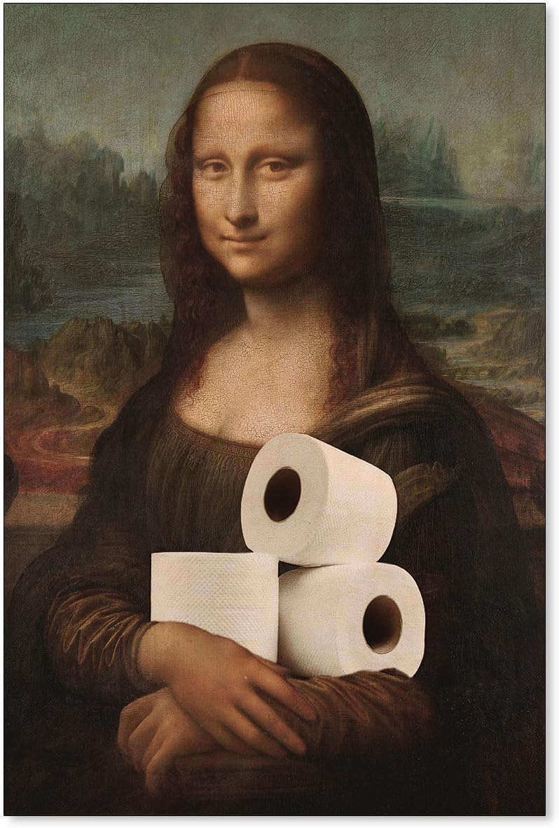 Funny Bathroom Canvas Wall Art Aesthetic Poster 24x36in Black Framed Vintage Humorous Classical Oil Painting Rustic Farmhouse Wall Decor for Restroom Toilet