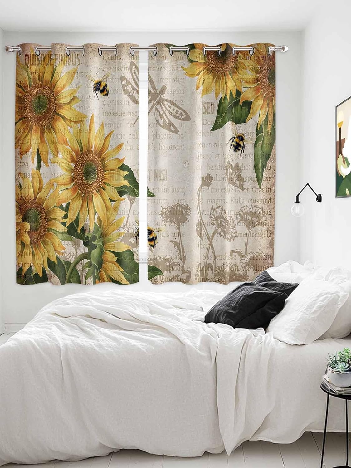 Blackout Window Curtains 84 Inch Length 2 Panels Set, Sunflowers and Bees Rustic Grommet Top Window Curtain for Living Room/Bedroom/Kitchen, Farmhouse Country Thermal Insulated Drapes 52x84 Inch