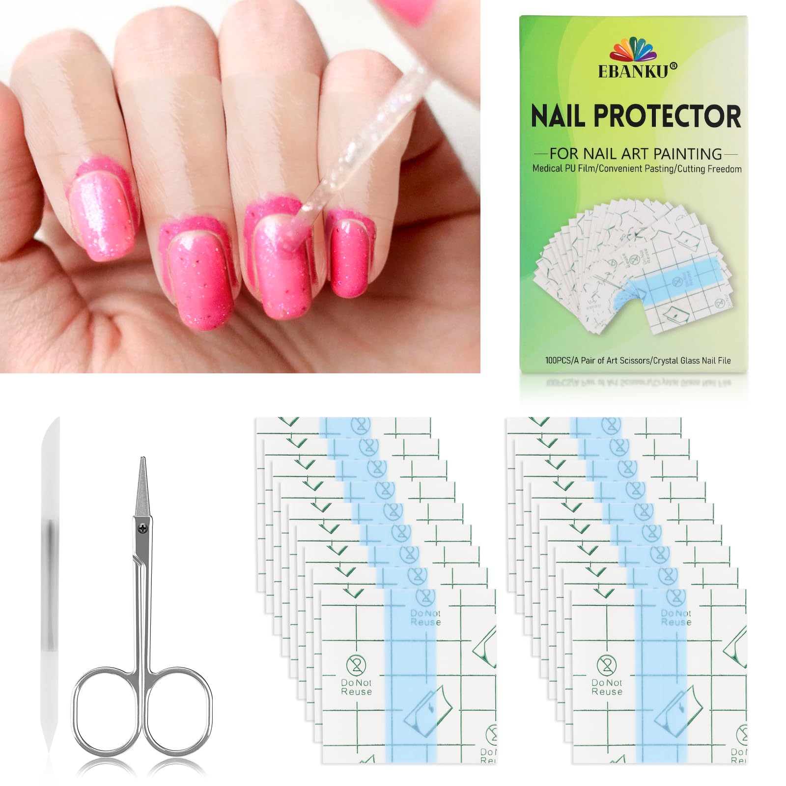 EBANKU 100 Protezioni per Unghie e Cuticole, Barriera per Smalto Peel Off, Forniture per Nail Art con Forbici e Lima