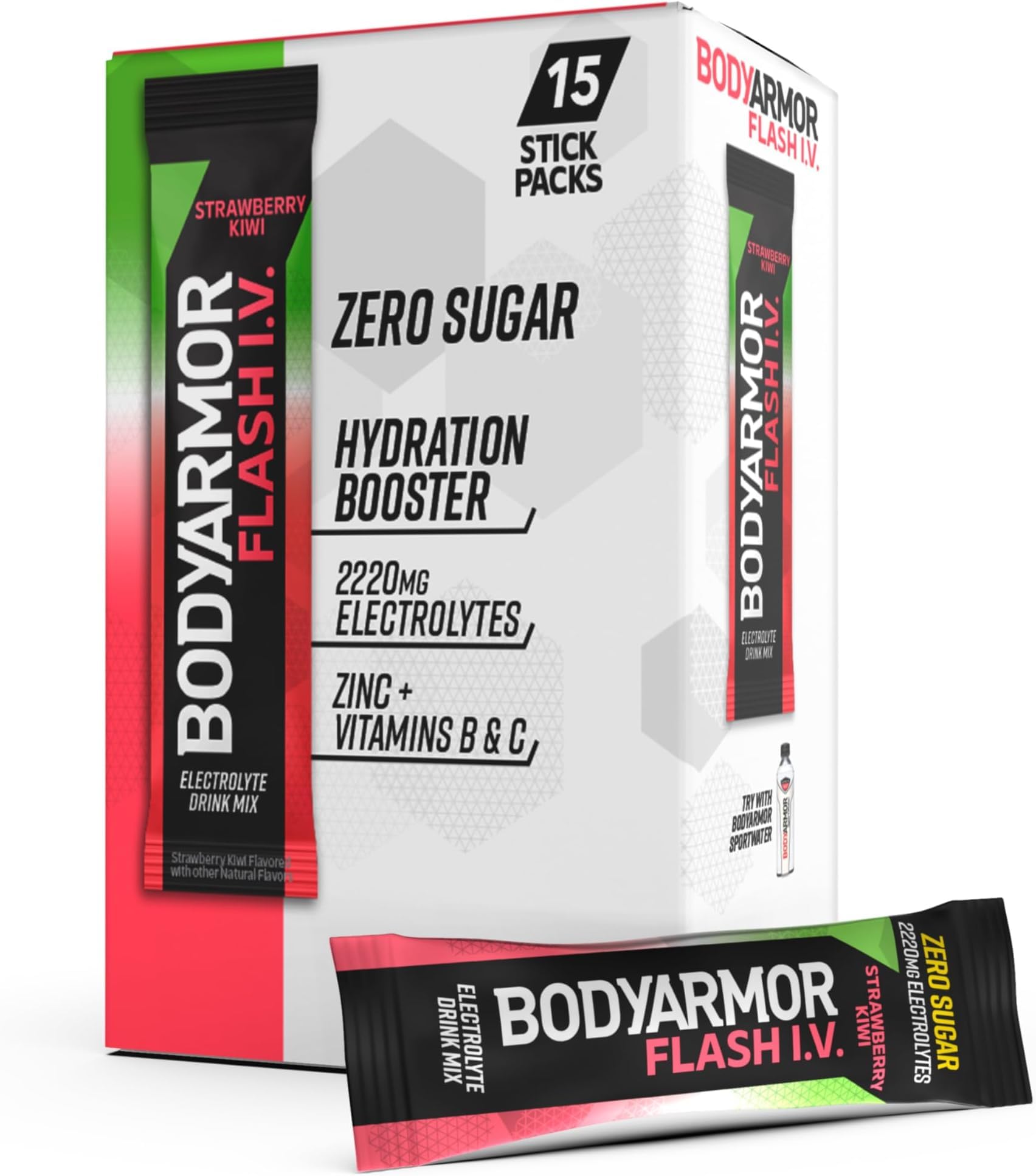 BODYARMOR Flash IV Electrolyte Packets, Strawberry Kiwi - Zero Sugar Drink Mix, Single Serve Packs, Coconut Water Powder (Pack of 90)