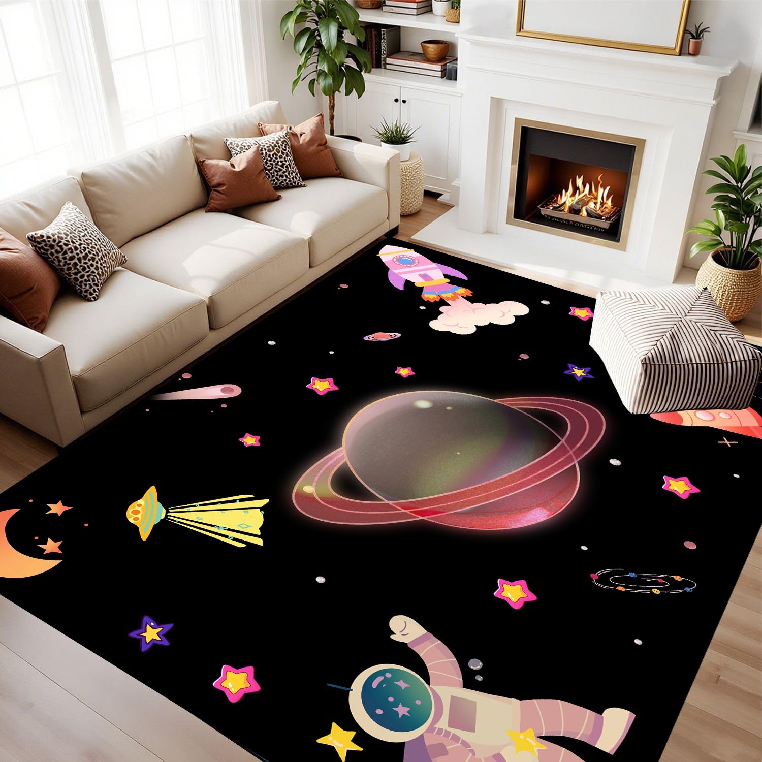 RICAUOU Cute Cartoon Galaxy Area Rug, 80x150cm Pink Rug for Girls' Bedrooms Featuring Planets, Rockets, and Stars, Colorful Cosmic Outer Space Print Low-Pile Carpet for Bedroom Bedside and Home Decor