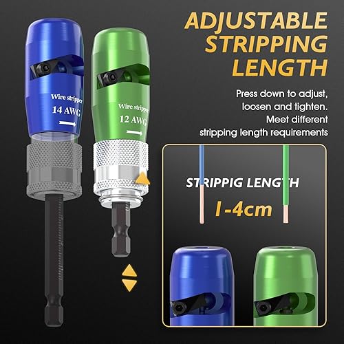Miniatura 5 de TOOLIOM Pelacables para taladro, estándar de EE. UU., 14-12-10-8 AWG, pelacables rápidos con tuerca de alambre para electricista, hogar, bricolaje
