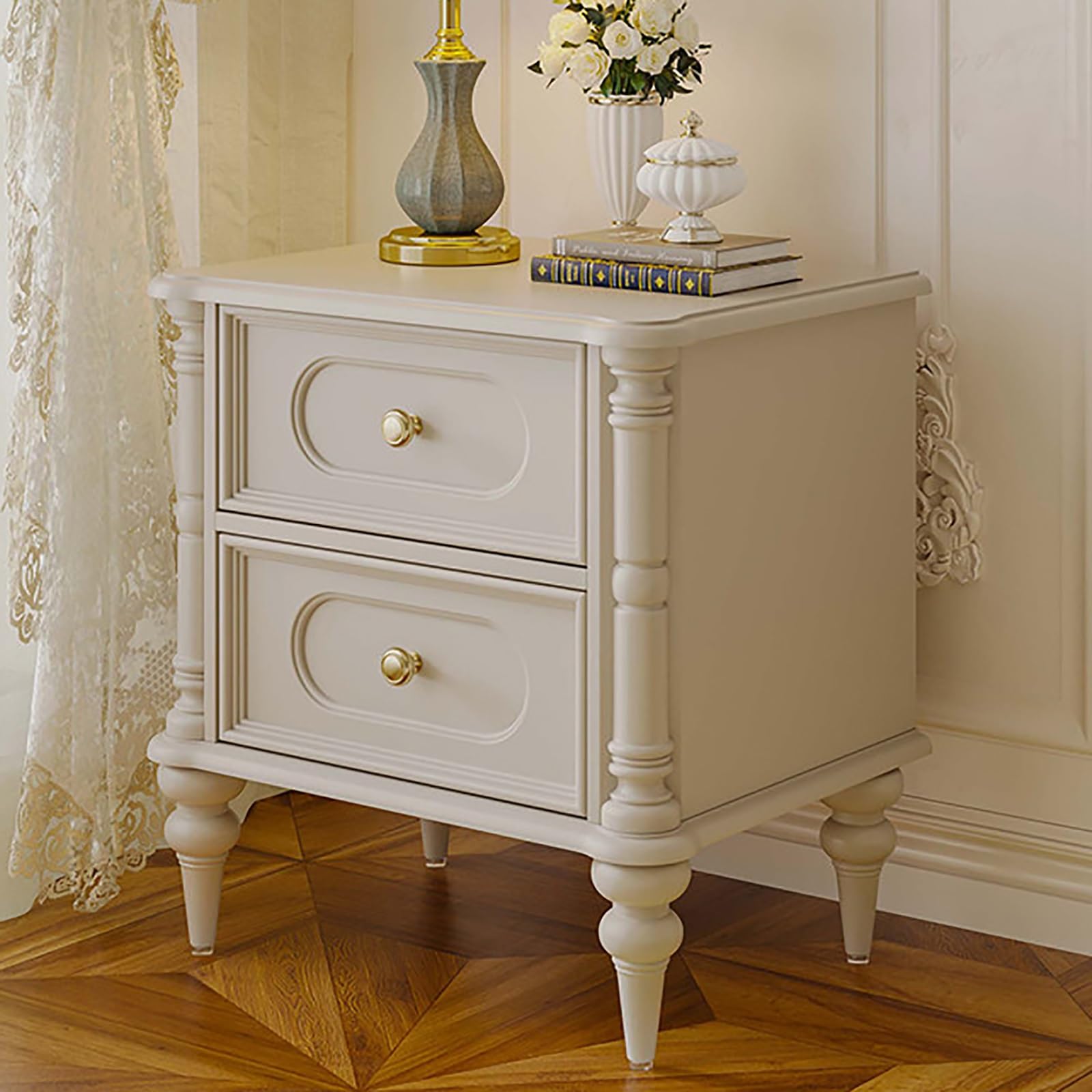 SXZenSpace Solid Wood Nightstand with 2 Storage Drawers Night Stand Vintage Bedside Table for Bedroom Closet Entryway(White)