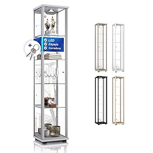 Vitrina para Colecciones (176x37x33cm) - Fabricado en Alemania - Vitrina expositora para Colecciones de Cristal Plata/Aluminio con 4 estantes de Vidrio Ajustables, Espejo, Cerradura y LED