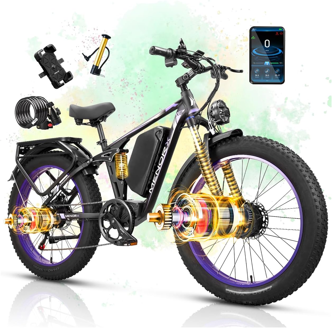 MENORX Dual Motor Electric Bike,26"x4"Fat Tire Ebike,Up to 6000W Peak,60V/25Ah Lithium Battery,Up to 46MPH &105 Miles Range E Bike, Shimano 7-Speed Transmission