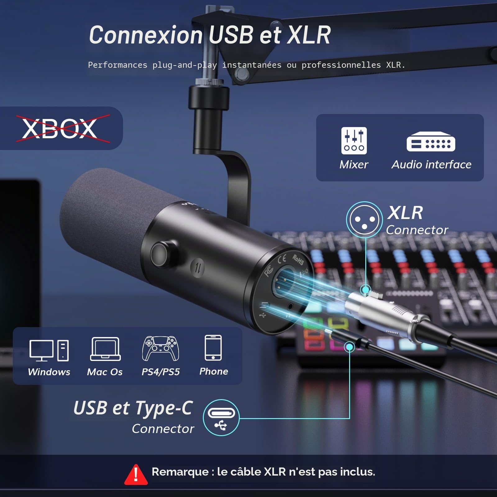 TONOR TD510 AIR H+ Micro Gaming Dynamique USB/XLR Cardioïde avec Bras de Support pour Podcasting, Streaming, Enregistrement Vocal