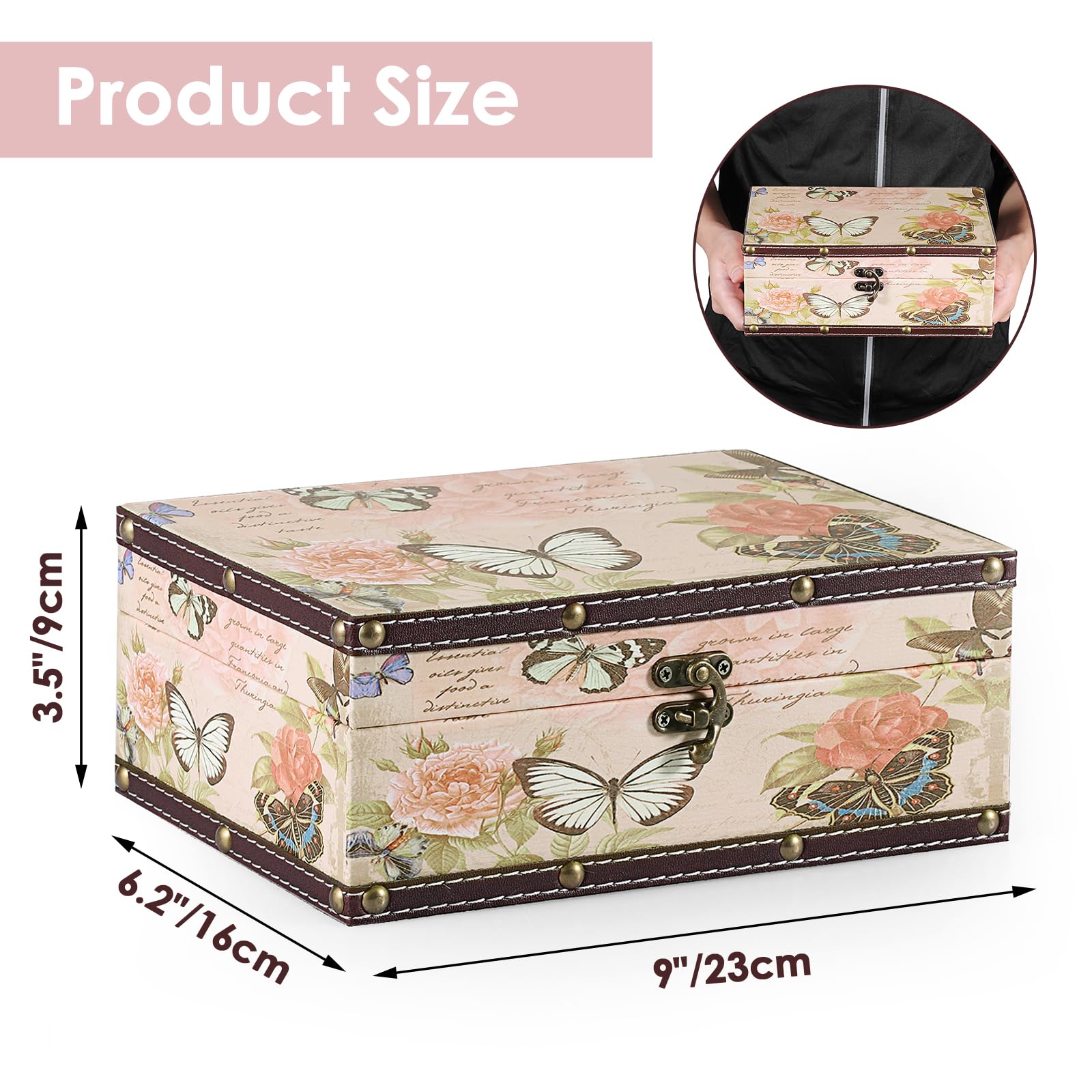 ELLDOO Butterfly Treasure Chest Box, Wooden + PU Leather Storage Decorative Box for Jewelry Trinkets Photos, Rectangular Keepsakes Box for Girls Women Gifts