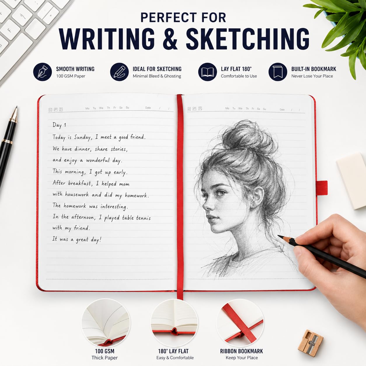 Confezione da 6 quaderni con copertina rigida, formato A5, a righe, per scrivere, lavoro, scuola, carta spessa 100 g/m², 160 pagine, diario a righe universitario con portapenne, tasca interna