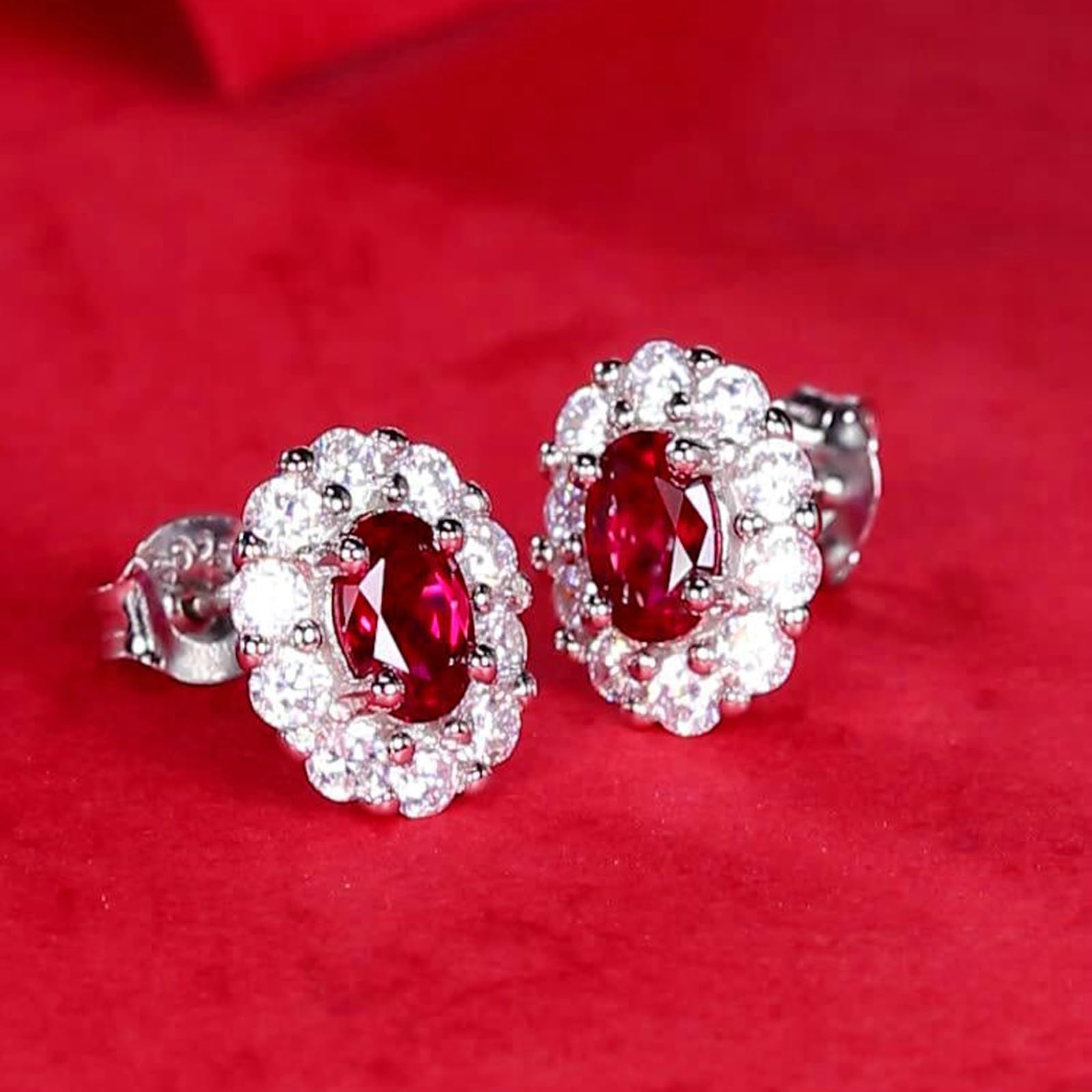 Kolczyki na sztyfcie, białe złoto, 750 585 375, prawdziwe złoto, damskie kolczyki z owalnym motywem rubinu i moissanite, prawdziwa biżuteria dla panny młodej, białe złoto