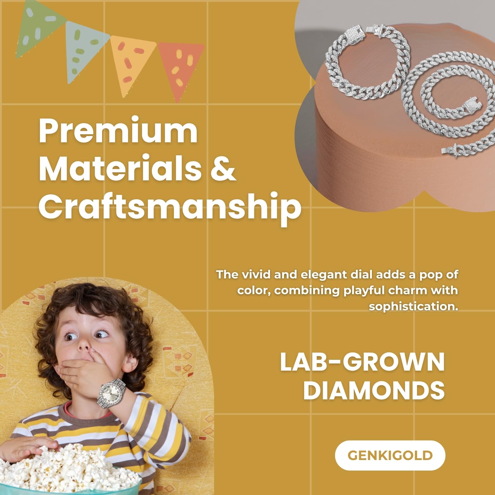 Złoty diamentowy zegarek dla nastoletnich chłopców - 43 mm cyfry rzymskie okrągła tarcza - 18-karatowe prawdziwe złoto/platynowy pasek 20,5 cm - zawiera narzędzie regulacyjne, można łączyć z