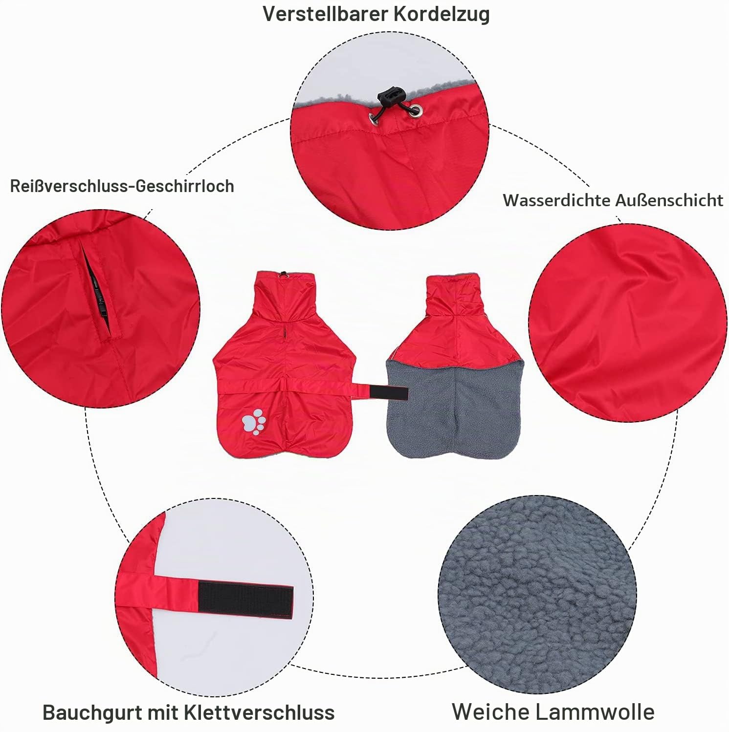 Geyecete- Wasserdicht Windhunde Mantel Fleece Whippet Pullover Winterjacke,Verstellbaren Reflektierend Outdoor Hundemantel für mittel und Grosse Galgo Windhund Whippet Lurcher Saluki-Rot-S