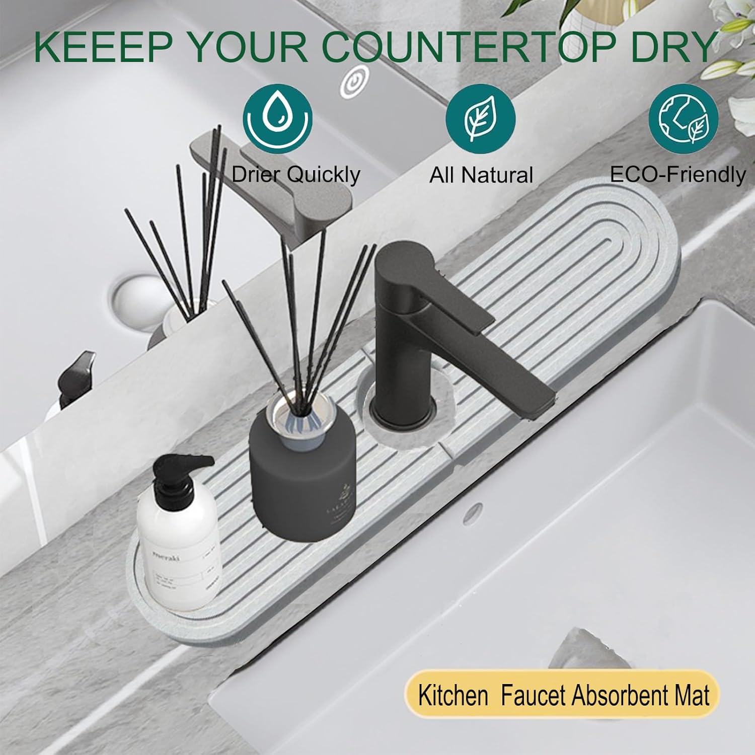Kitchen Faucet Splash Guard, Diatomite Stone Drying Mat For Kitchen Counter,Faucet Absorbent Mat for Bathroom Counter(Light Grey,17.69" x 3.93")
