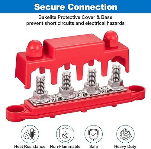Spurtar Bus Bar Power Distribution Block with 4x M10 Terminal Studs, 3x #8 M4 Screws 250A 12V 24V 48V Battery Bus Bar for Car Truck RV ATV 16.5x3.4x4.8cm - Not for Tight Spaces - 7