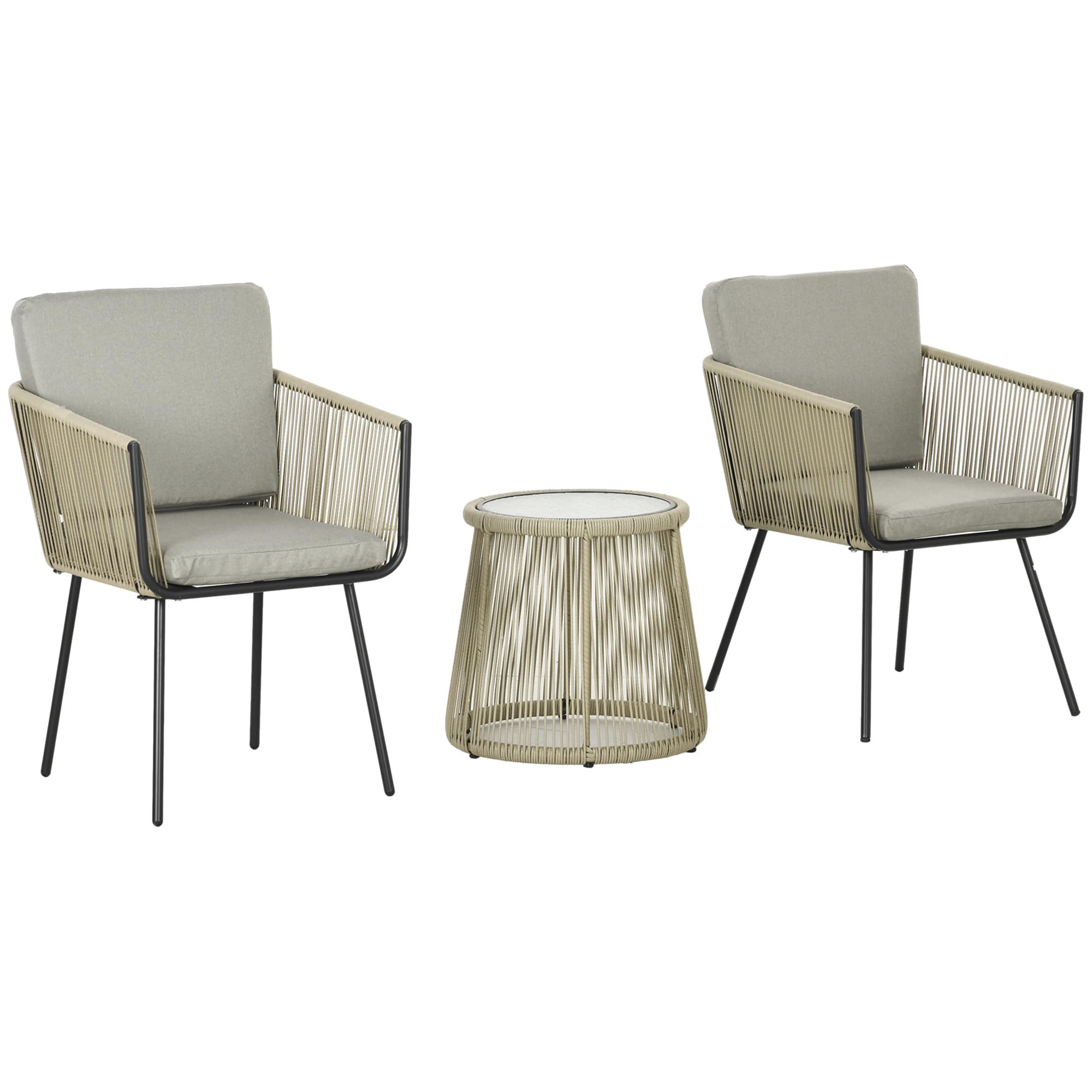 Outsunny Set da Giardino 3 Pezzi in Rattan PE e Acciaio, Set 2 Sedie con Cuscini Lavabili, Braccioli, Tavolino da Caffè con Piano in Vetro, Set di Mobili da Balcone Patio Cortile, Caffè/Grigio Chiaro