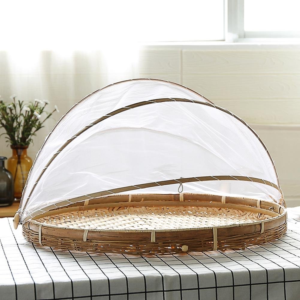 Cestino in bambù intrecciato a mano con copertura in rete, per coprire e servire il cibo, a prova di insetti, antipolvere, per pane, frutta e verdura, Bambù, Stile 3, Dia.30cm