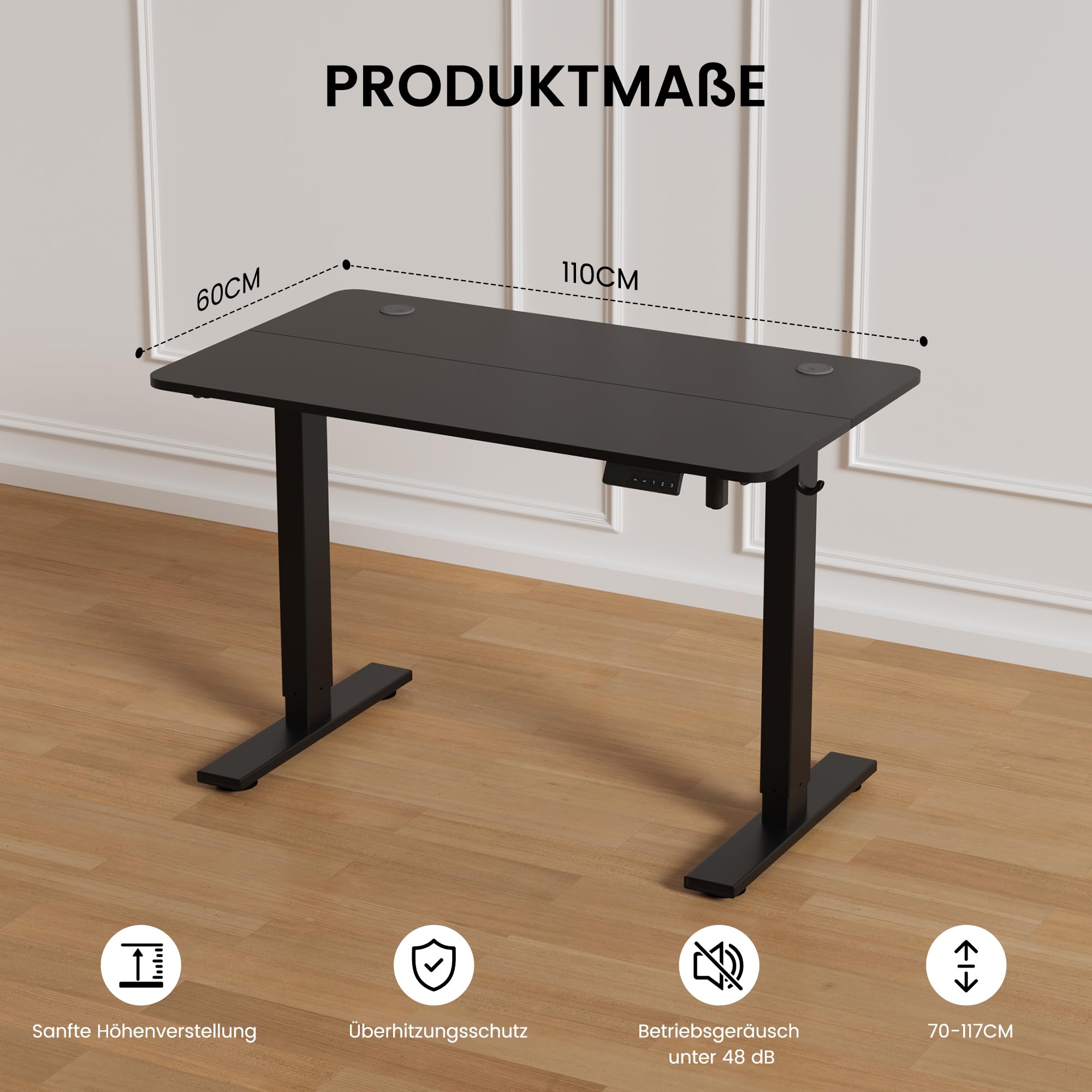 Höhenverstellbarer Schreibtisch 60x110cm,Elektrischer Schreibtisch mit Memory- und Anti-Kollisionsfunktion,Höhenverstellbar 70–117 cm, Ideal für Büro, Homeoffice und Gaming(Schwarz)