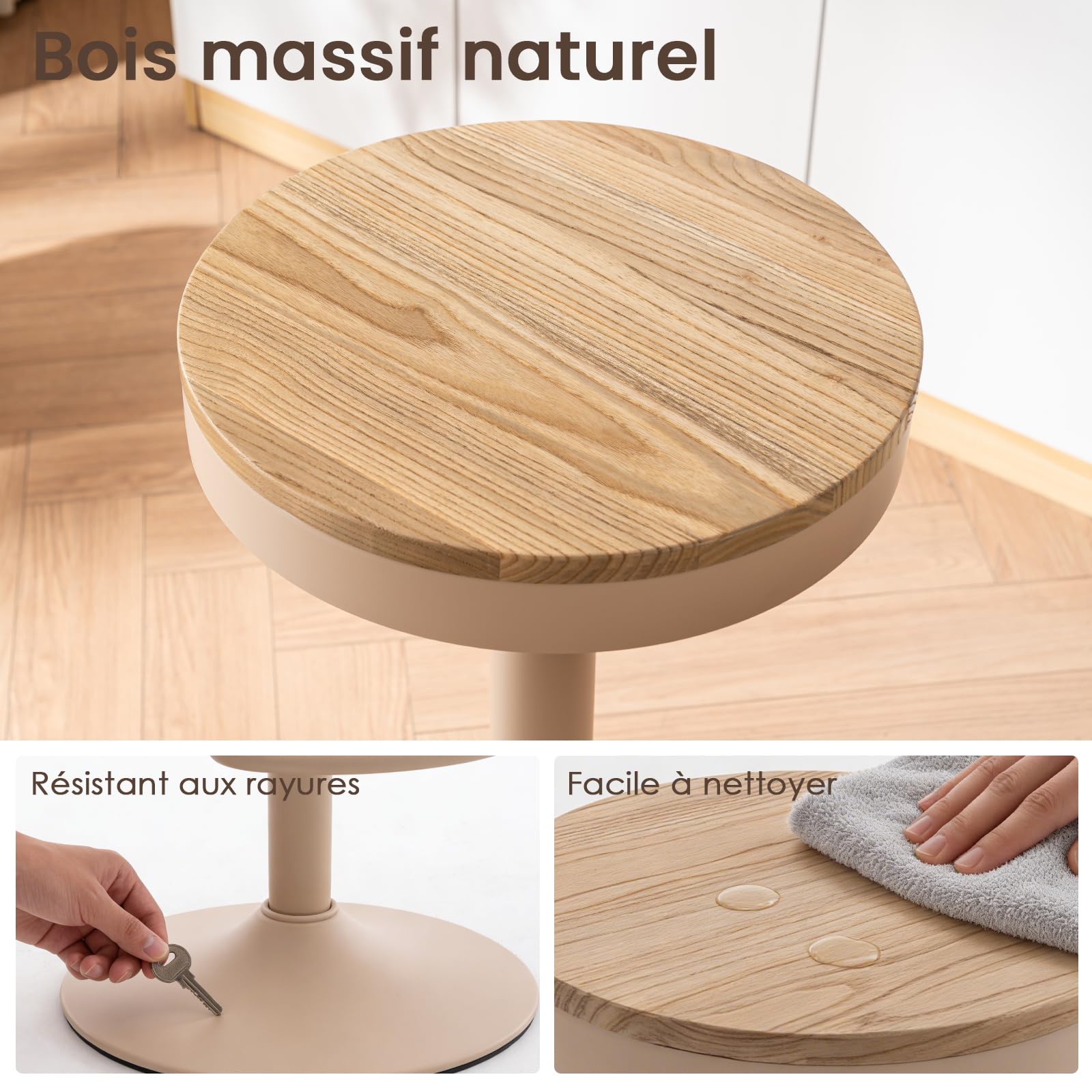 Kidol & Shellder Juego de 2 taburetes de Bar, Altura Regulable de 56 a 80 cm, giratorios, sin Respaldo, Asiento de Madera, con reposapiés, Taburete de Cocina
