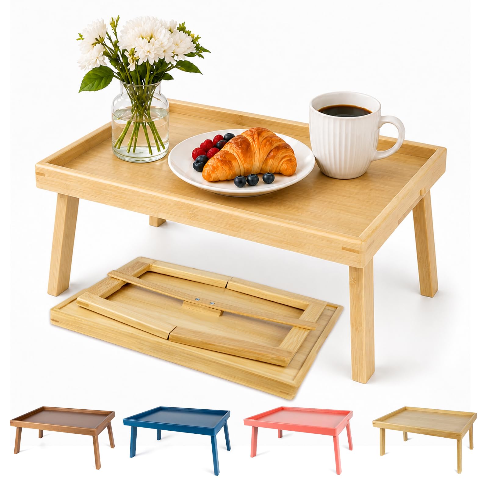 Bamboo Bed Table Tray with Support Bar and Foldable Legs, Breakfast Food Trays Table for Bed Sofa Eating and Laptops, TV Lap Tray Table on Couch (Applied for Invention Patent)