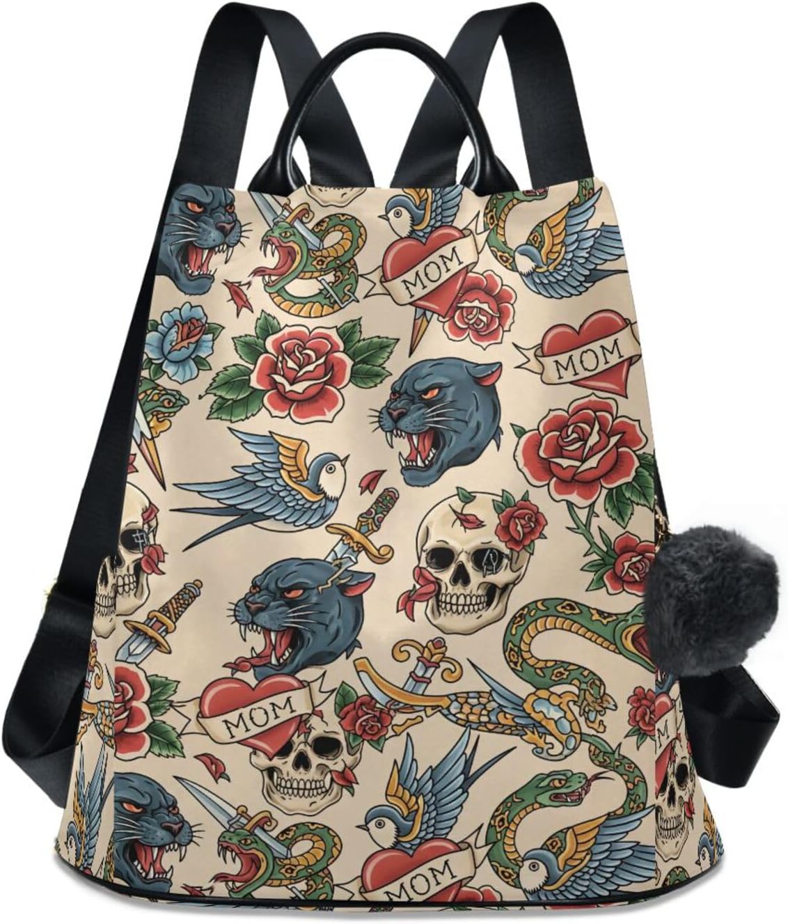 Rose Skull Beige Stylish Thief Proof Daypack with Cute Pom Keychain