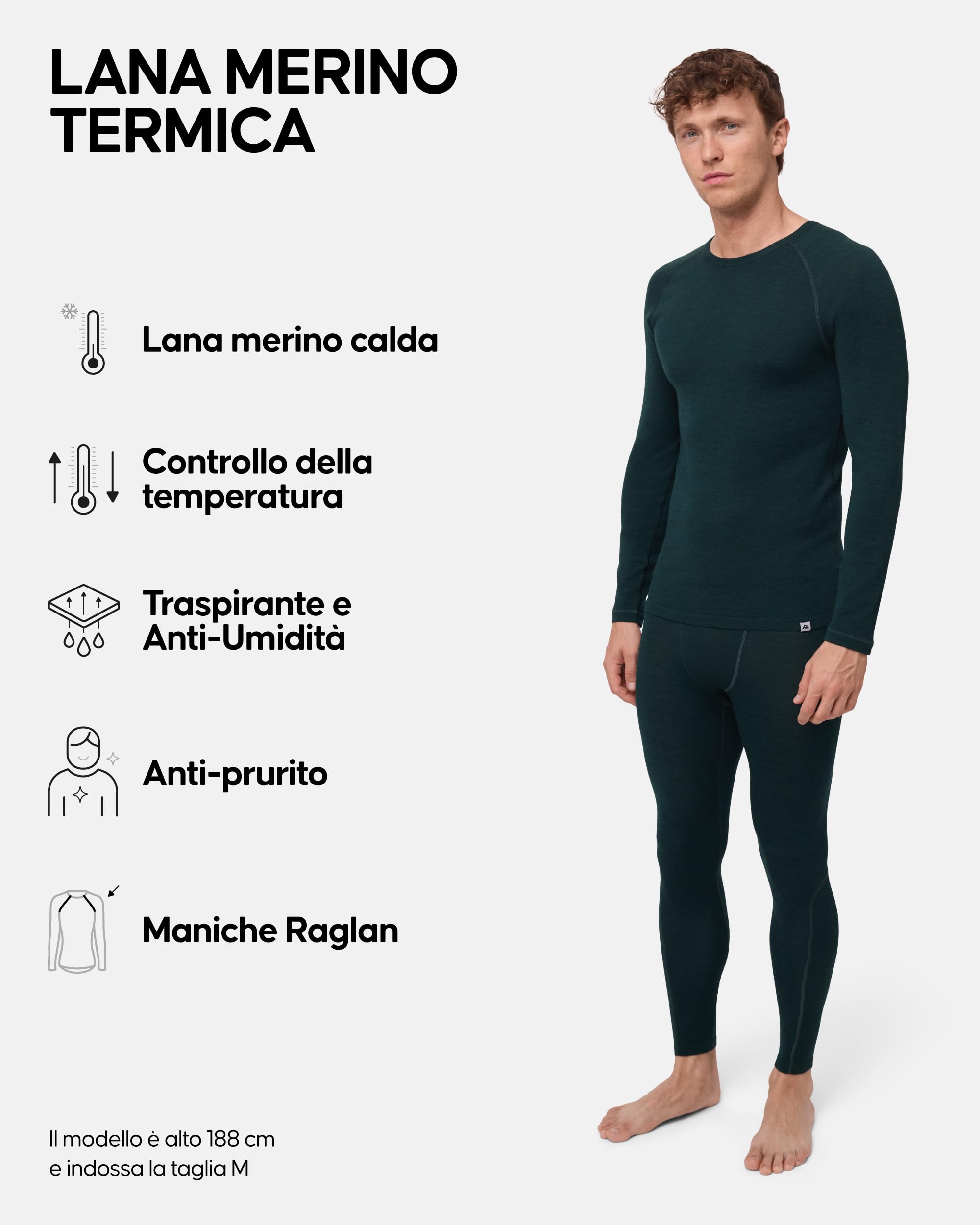 DANISH ENDURANCE Intimo Termico Uomo Lana Merino, Maglia Termica Uomo e Pantaloni Termici, Calzamaglia Termica Uomo Invernale per Sci, Trekking