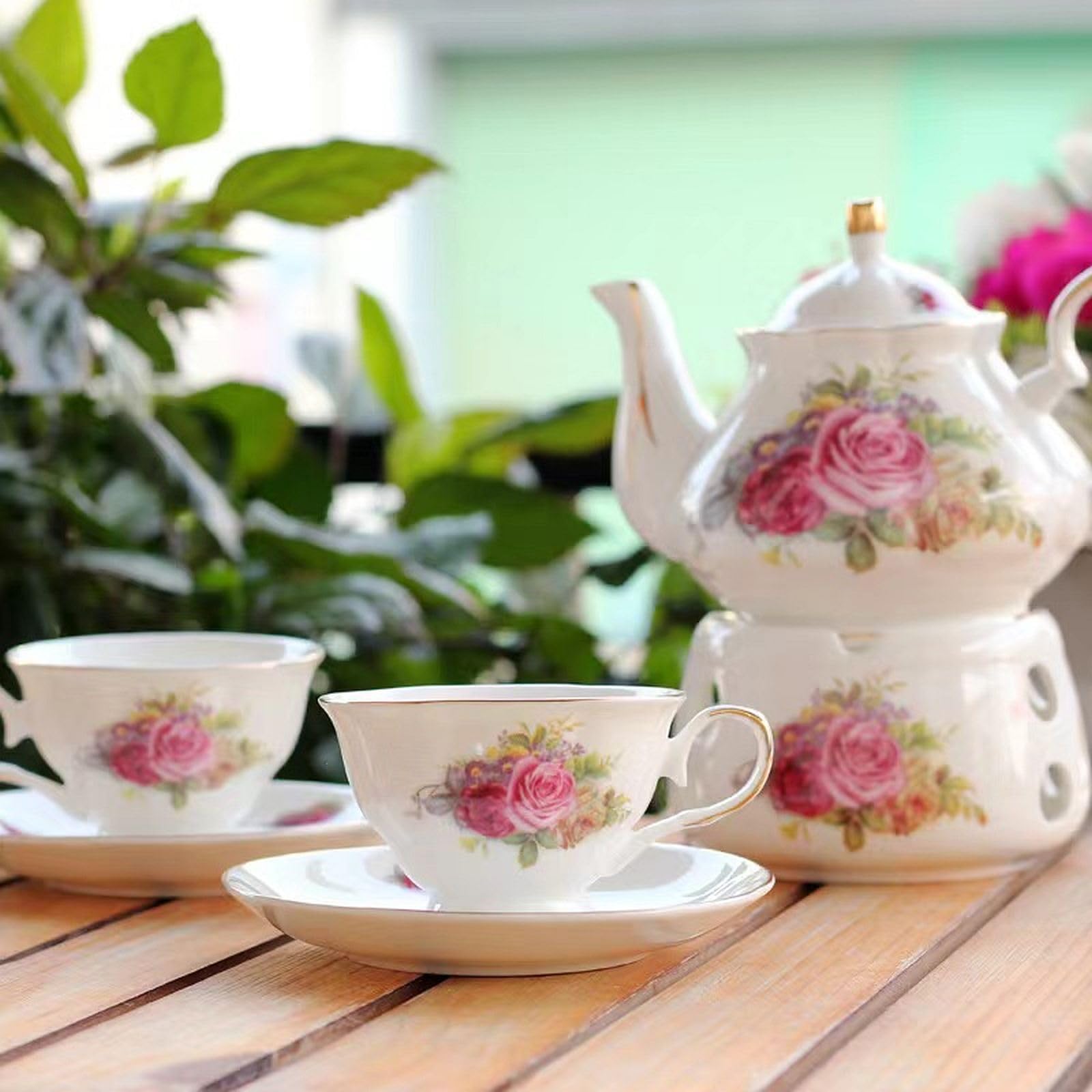 Juegos de regalo de té de café de cerámica, juego de té de lujo europeo, adecuado como regalo para el día de la madre, cumpleaños, Navidad y reuniones (rosa noble)