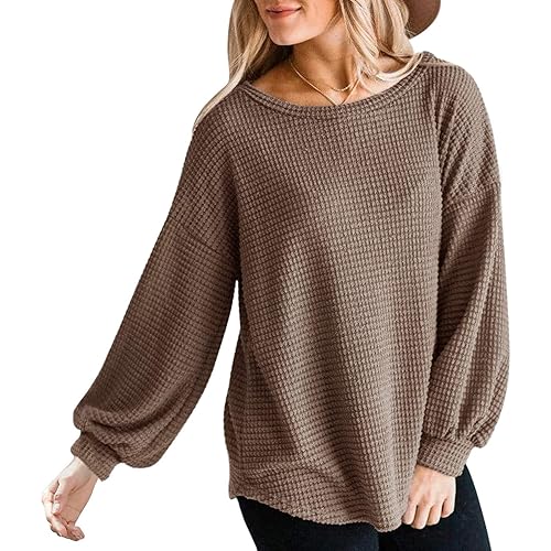 MEROKEETY Women's 2024 Fall Long Balloon Sleeve Waffle Knit Tops Crew Neck Oversized Sweater Pullover