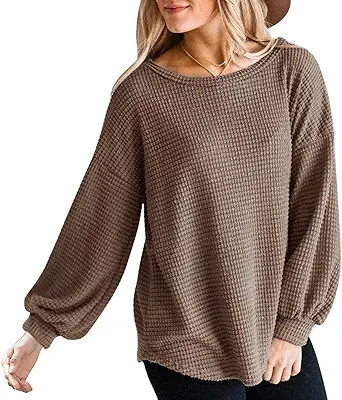 MEROKEETY Women's 2023 Fall Long Balloon Sleeve Waffle Knit Tops Crew Neck Oversized Sweater Pullover