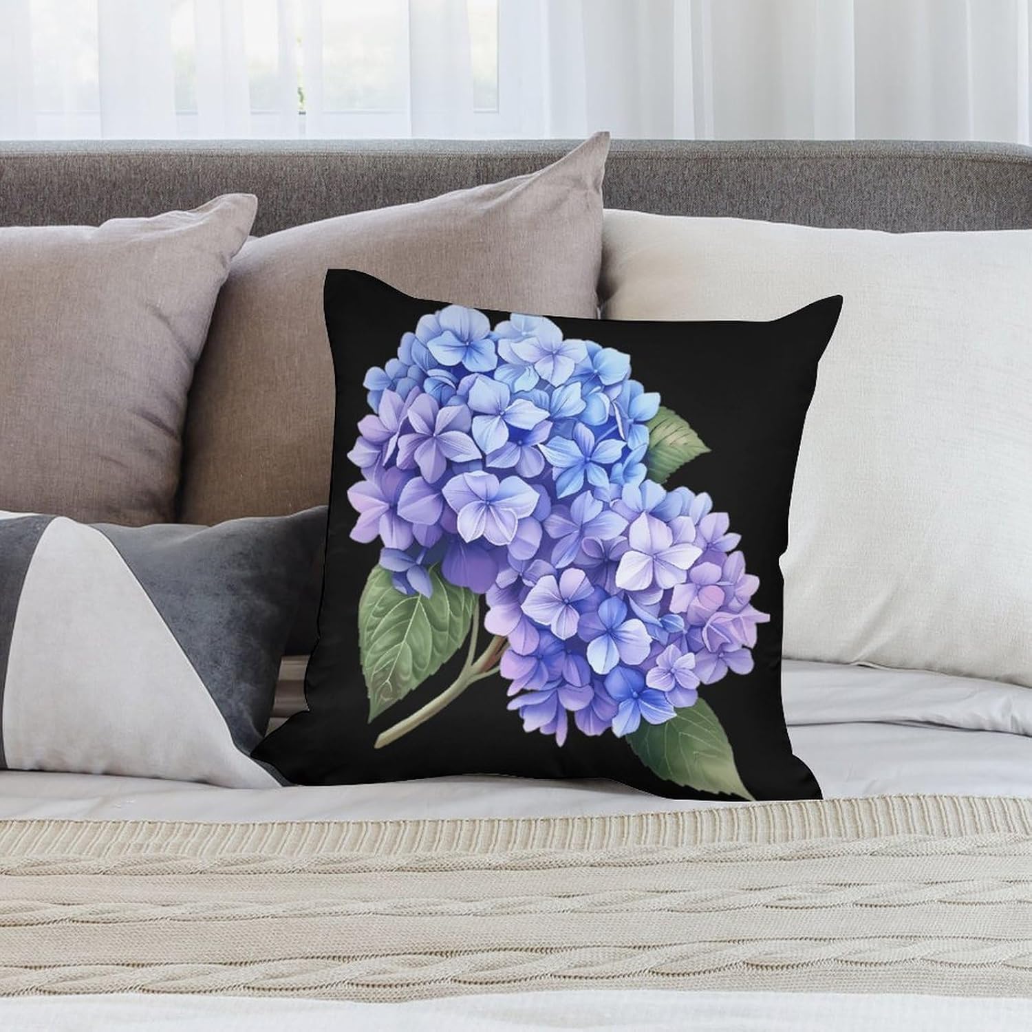 Blue Purple Hydrangea Flower Printed Throw Pillow Case 4 Pcs Soft Pillowcases Pillows Covers Sofa Bed Decor 12/14/16/17/18/20/22/24/32 Inches