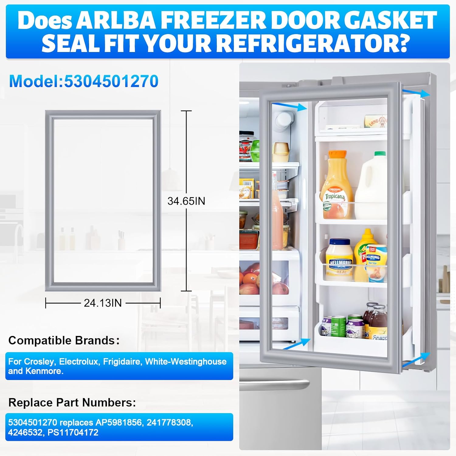 Upgaraded 34.65"x 24" 5304501270 Refrigerator Freezer Door Gasket Replacement Compatible With Frigidaire Electrolux Kenmore Freezer Door Seal AP5981856 241778308 4246532 PS11704172 EAP11704172